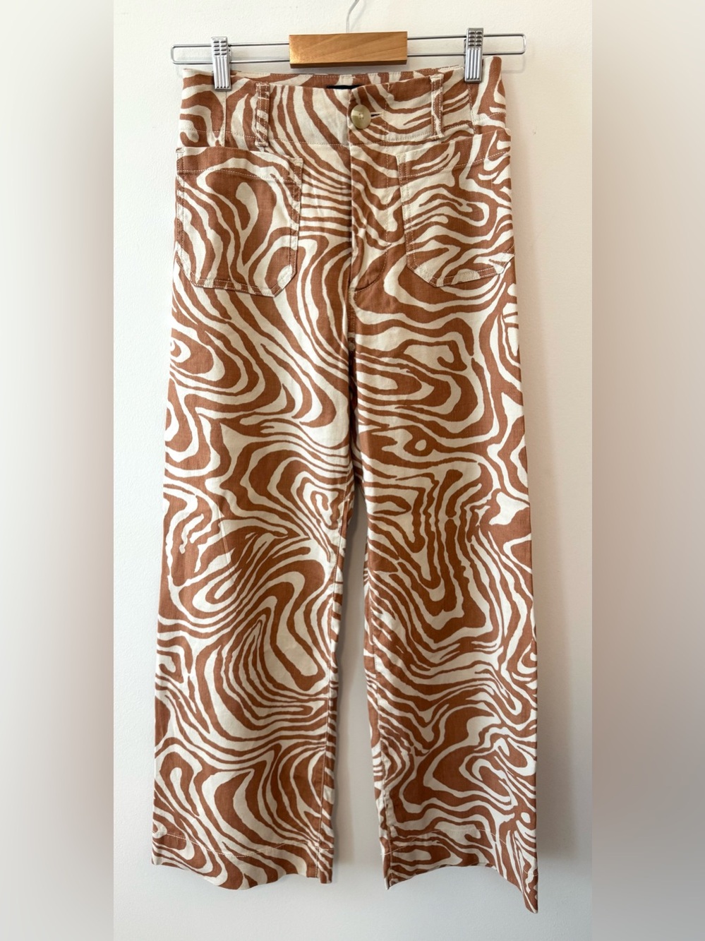 Anthropologie Maeve Colette Pants 24 Brown Cream Zebra Swirl Wide Leg Linen